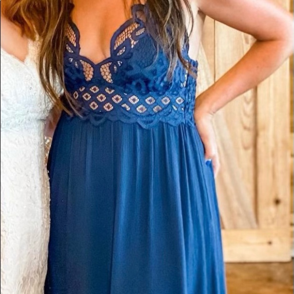 Free People One Adella Maxi Slip Dress Long Navy Crochet Top